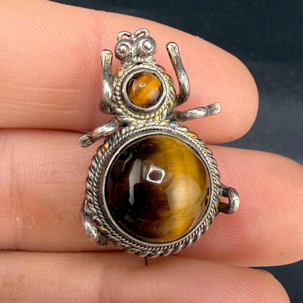 Vintage Estate Insect Brooch Brown Tigers Eye Bug Gold Tone Animal Small